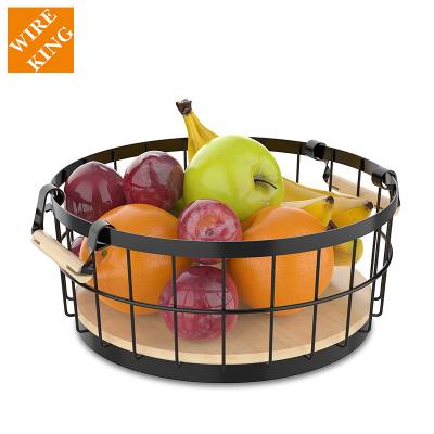 China CLASSIC Nordic decorative wooden fruit vegetable display basket black mesh iron wire metal fruit bowl steel basket for sale