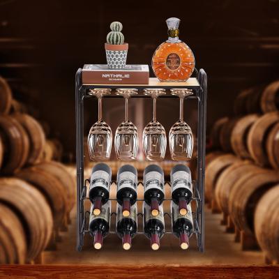 China Hot Selling Free Standing Wine Glasses Stored Metal 8 Bottles Decoration Home Amazon Wine Rack Iron Wire Rack Wooden Wine Rack For Home for sale