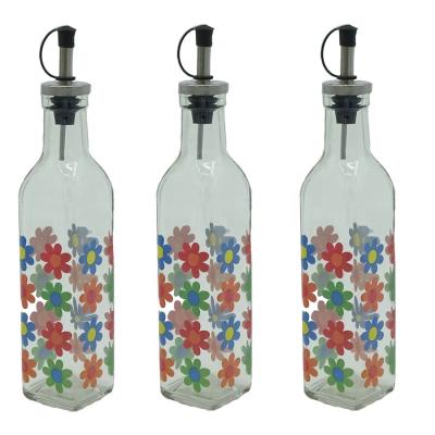 China Floral Type Oil and Vinegar Cruet Glass Bottles with Dispensers Factory suplpy oil glass bottle for sale