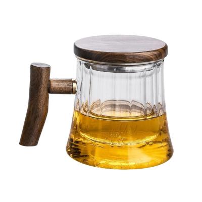 China Wood Handle Reusable Clear Glass Coffee Mugs borosilicate Ribbed  LHDW039 for sale