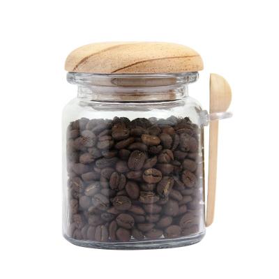 China Airtight Wood Lid Classic Condiment Jars Factory Supply Small Glass Container Jar with Scoop for sale