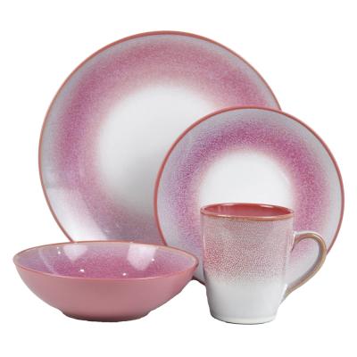 China Gradient Magenta Red Bands ReactiveGlaze Stoneware Dinnerware Dinner Set 16pcs à venda