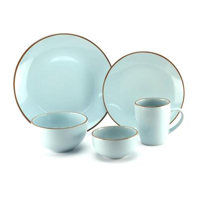 China Classic Aqua 16Piece Stoneware Dinnerware Set Gold Rim Stoneware Dinner Set New à venda