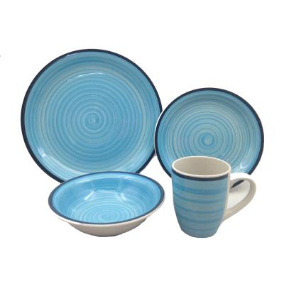 China Tabletops Unlimited Stoneware Dish Set SWIRL Aqua Blue Hand Painted 16Piece for sale