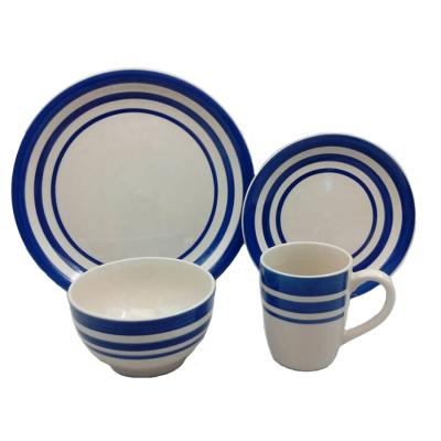 China Navy Blue Stripes 16 Piece Dinnerware Set Hand Painted Band Rim Tableware for sale