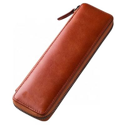 China Crazy Horse Handmade Stylish Leather Pen Pencil Case Large Capacity With Zipper for sale