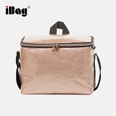 China Shiny Fashion Rose Gold Large Glitter Shoulder Lunch Cooler Bag For Frozen Food for sale