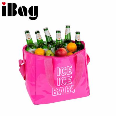 China Waterproof Gorgeous Neon Large PU Beer Cooler Bag Fashion Lunch Bag Pink Shiny Office for sale