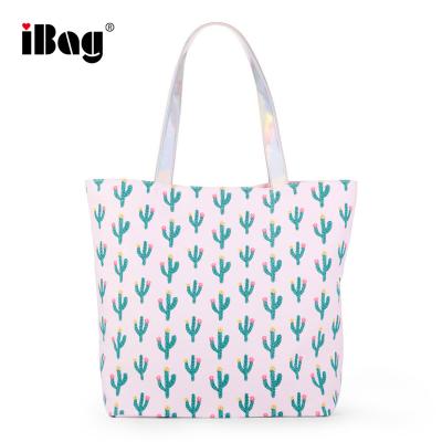 China Simple Style All Over Cactus Printing Beach Tote Bag With Magnetic Snap Closure Cotton Canvas Custom Customer for sale