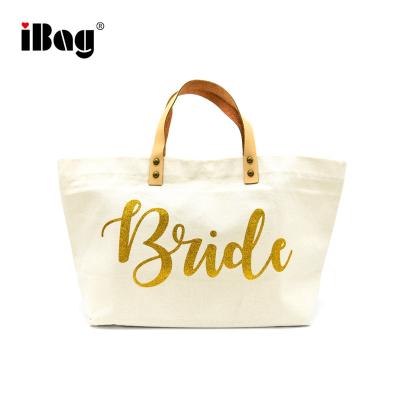 China Wholesale Elegant Natural Color Canvas Tote Bag Private Label Waxed Empty Bridesmaid Canvas Tote Bag With Leather Handle for sale