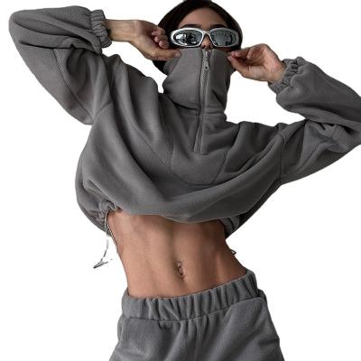 China Breathable Retro street hoodies for female autumn and winter warm tops zipper lapel drawstring short hoodie for sale