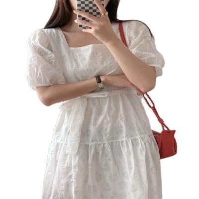 China Anti-Static 2023 Embossed Summer Square Neck Bubble Sleeve Waist Slim Cotton Casual Long Dresses for sale