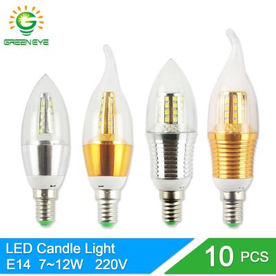 China GreenEye 10Pcs LED E14 Light Bulb 220V 7W 9W 12W Residential Gold Silver Aluminum Light For Crystal Chandelier Lampara Bulb for sale