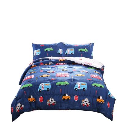 China Clean Design Duvet Cover BOMCOM Sports Car Kids Comforter Set Various Vehicles Bus Truck Cartoon Pattern 100% Microfieber Navy Blue Queen for sale