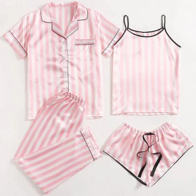 China 2022 New Arrival QUICK DRY 4pcs Striped Satin Pajamas Set Women Summer Homewear Plus Size Women's Sleepwear for sale