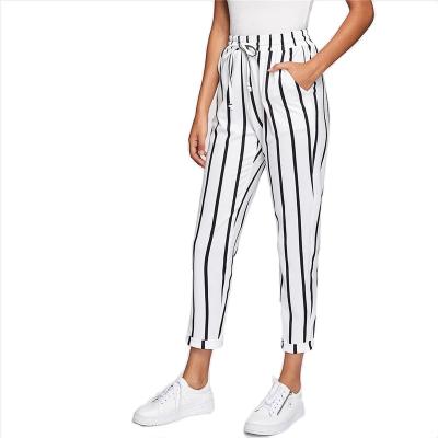 China new Anti-wrinkle summer casual drawstring high waist tapered trousers women carered fashion striped joggers harem pants for sale