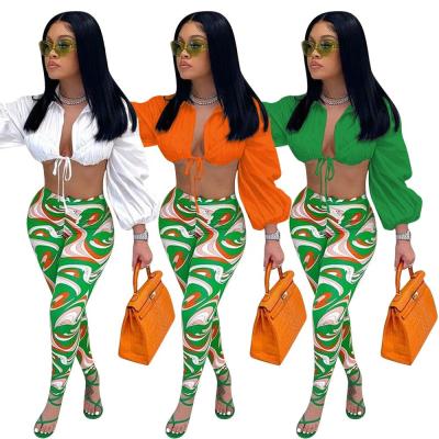 China Autumn 2021 New Female Suit Fashion Anti-pilling Casual Set Lantern Sleeve Lace Up Two-Piece Pants Set Traje Impresoo High Waist for sale