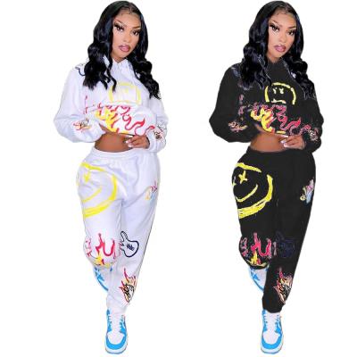 China New Style QUICK DRY Long Casual Loose Hooded Sleeve Printed Fashion 2021 Drop Sweat 2 Piece Sets Women Outfit Ropa de mujer Tracksuits for sale