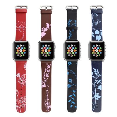 China Eco-friendly Printing Genuine Leather Watch Band 38mm 40mm 41mm Sport Strap Replacement For Apple Watch iWatch Series 7/6/5/3, SE for sale