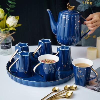 China Unique Teapot Tray Cups Modern Simple Viable Ceramic Tea Set Blue Water Ripple Set for sale