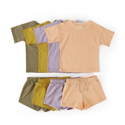 China Fashionable Summer Casual Kids Boutique Solid Color Baby Lounge Set Cotton Two Piece Kids Short Set Longewear Set for sale