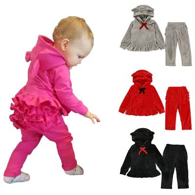 China 2022 Casual Little Girl Hoodies and Pants Velvet Two Piece Set Girls Ruffles Sweatshirt Valentine's Little Girl Sets for sale