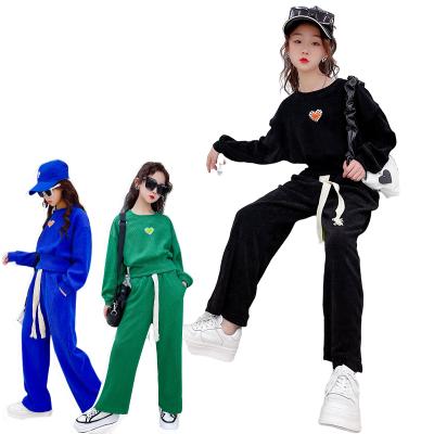 China Girls Casual Spring Sets 2022 Kids Long Sleeve Plain Sweatshirt Two Piece Clothing Sets Round Neck Little Girls Blue Casual Set for sale