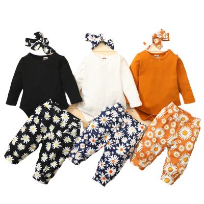 China Spring 2022 Casual Kids Clothing Toddler Girls Clothes Long Sleeve Onesie Printed Pants Girls Headband For Girls Baby Set for sale