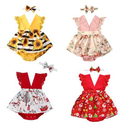 China Floral Print Anti-Shrink Baby Summer Romper Two Piece Set Baby Clothes Red Romper Baby Crown Newborn Romper Set for sale