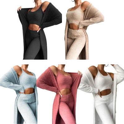 China QUICK DRY Spring Women Panties Sets Comfortable Fuzzy Soft Knit Ribbed Sleepwear Sweater Women Lounge Wear With Long Robe 3 Piece Set Winter Pajama Sets for sale