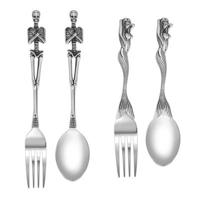 China Viable Custom Creative Unique Stainless Steel Engraving Handle Stainless Steel Flat Spoon Long Handle Vintage Spoon Fork for sale