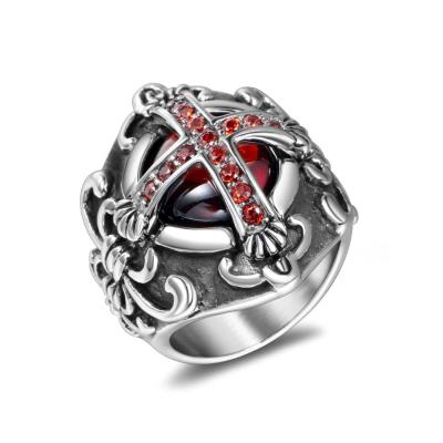 China Tarnish Free New Custom Personalized Ruby Stone Cross Diamond Gothic Mens Stainless Steel Punk Ring for sale