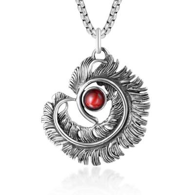 China Vintage Custom Fashionable Men's Hot Sales Lead Free Nickel Free Ruby Feather Pendant Stainless Steel Jewelry Necklace for sale