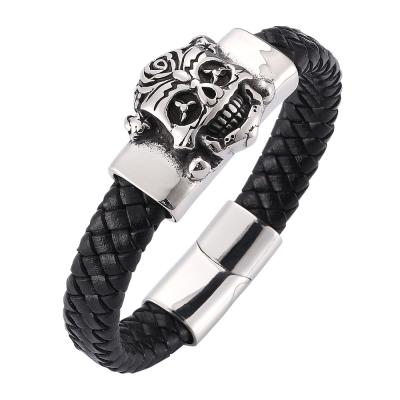 China Punk Clown Magnetic Clasp Hot Sales Vintage Leather Men's Stainless Steel Lead Free Nickel Free Bangle Bracelet for sale