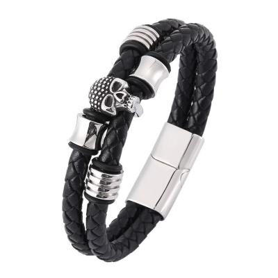 China Hot Sales Lead Free Nickel Free Design Men's Skull Bracelet Vintage Stainless Steel Leather Bracelet for sale