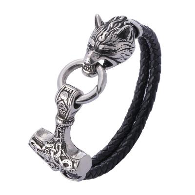 China New Design Punk Wolf Clasp Leather Bangle Vintage Stainless Steel Bracelet Lead Nickel Free 2022 Jewelry for sale