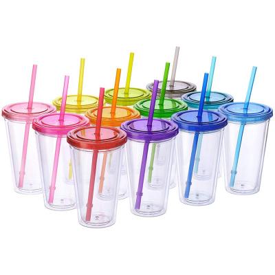 China Stocked Double-Layer Straw Plastic Cup With Lid 16OZ Cup Custom Printing Custom Color Tumbler Mug for sale