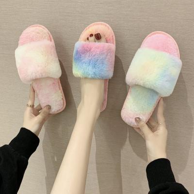 China Fashion Trend Warm Winter Faux Fur Shoes Rainbow Color Tie Dye Plush Fuzzy Indoor Home Home Slippers For Women Plush for sale