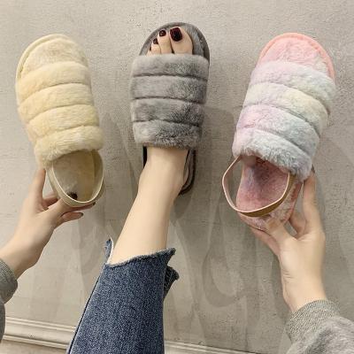 China Fashion Trend Warm Winter Faux Fur Shoes Rainbow Color Tie Dye Plush Fuzzy Indoor Home Home Slippers For Women Plush for sale