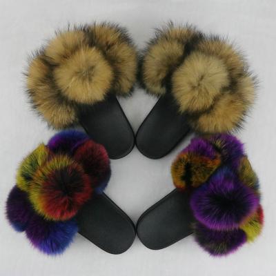 China Wholesale Custom Fashion Trend Colorful Real Fur Slippers Raccoon Fur Sandals PVC Women Shoes For Summer for sale