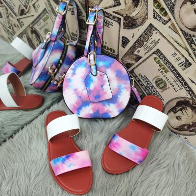 China Fashion Dropshipping Rainbow Round Handbag and Slippers Set Matching Slides Shoes Tie Dye Bag Set for sale