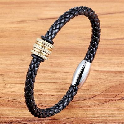 China Classic CLASSIC Black Coffee Color Leather Stainless Steel Magnetic Clasp Men Bracelet For Bangle Jewelry for sale