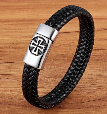 China CLASSIC Black Color Cross Pattern Alloy Buckle Genuine Leather Bracelet For Men Fine Stainless Steel Jewelry Carving Bangle for sale