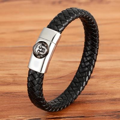 China Wholesale Vintage New Fashion Casual/Sporting Stainless Steel Buddha Cuff Punk Gothic Men's Genuine Leather Bracelet for sale