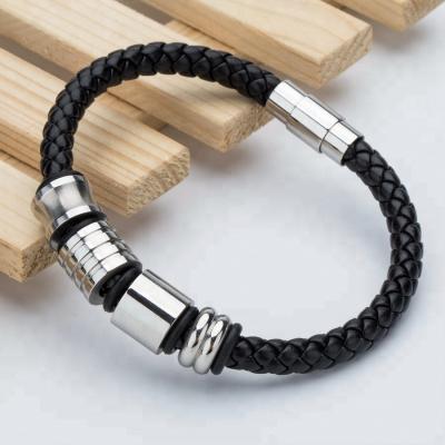 China Best price fashion trend CLASSIC design men's leather magnetic bracelet 316L stainless steel buckle black braided leather bracelet for sale