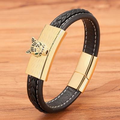 China Stainless Steel Casual/Sporty Punk Men Cheetah Head Design Bracelet Sewing Wire Magnet Claslp Leather Jewelry For Party Customized for sale