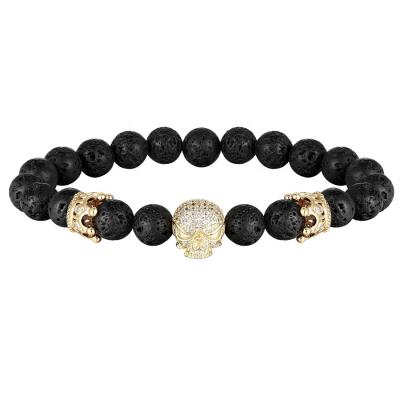 China CLASSIC High Quality Wholesale Fashion Skull Crown Bracelet Natural Lava Stone CZ Bead Charm Couples Bracelet Jewelry Love Gift for sale