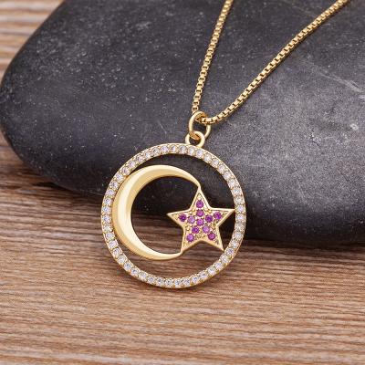 China TRENDY Gold Color Copper Color Necklace Fashion Charm Star And Moon Pendant Zircon Chain Jewelry For Women for sale