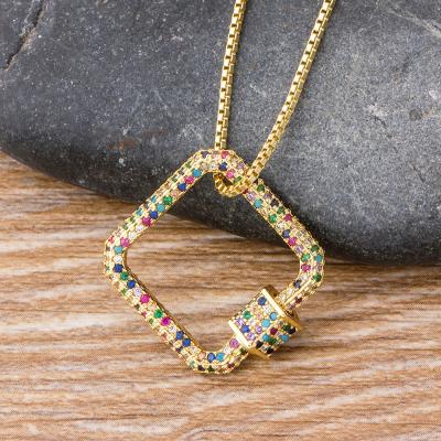 China 2021 CLASSICS Hot Gold Plated Link Chain Necklace Rainbow CZ Zircon Stone Choker Jewelry Copper Square Necklace For Women Men for sale