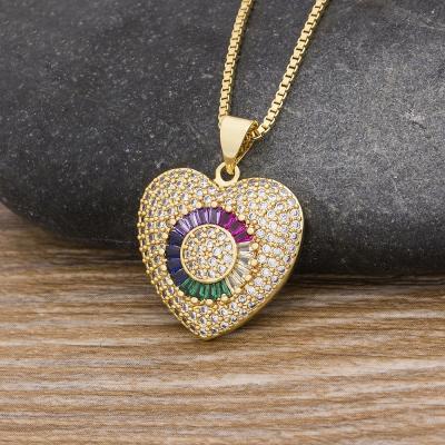 China Women's New Design Fashion Romantic Heart Pending Charm Necklaces Lovers Cubic Zirconia Stone Rainbow Jewelry Copper Wedding Gift for sale